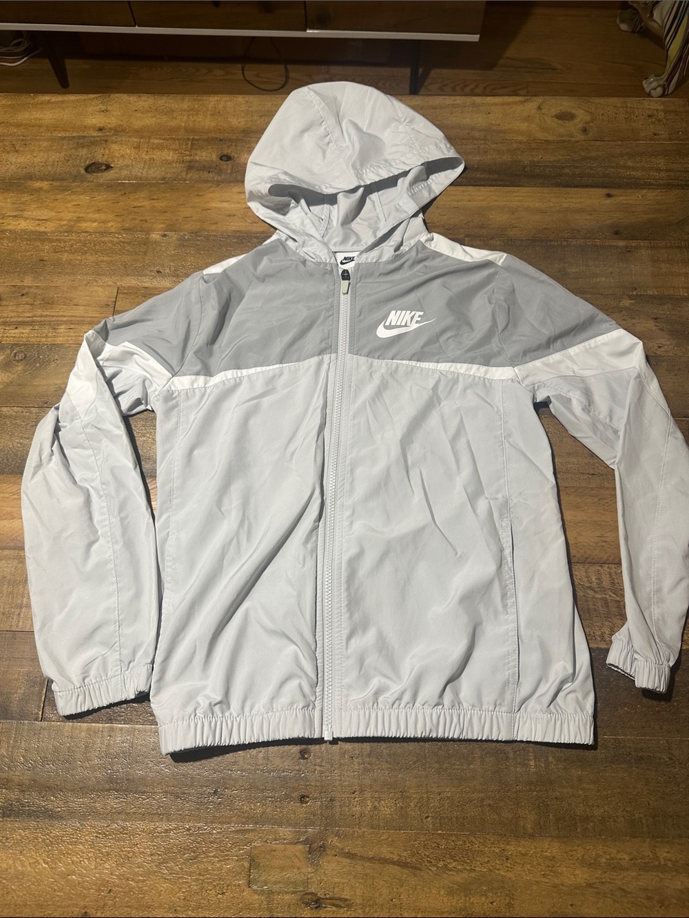 Nike White and Light Gray Hooded Windbreaker Jacket - Youth / Size Large
